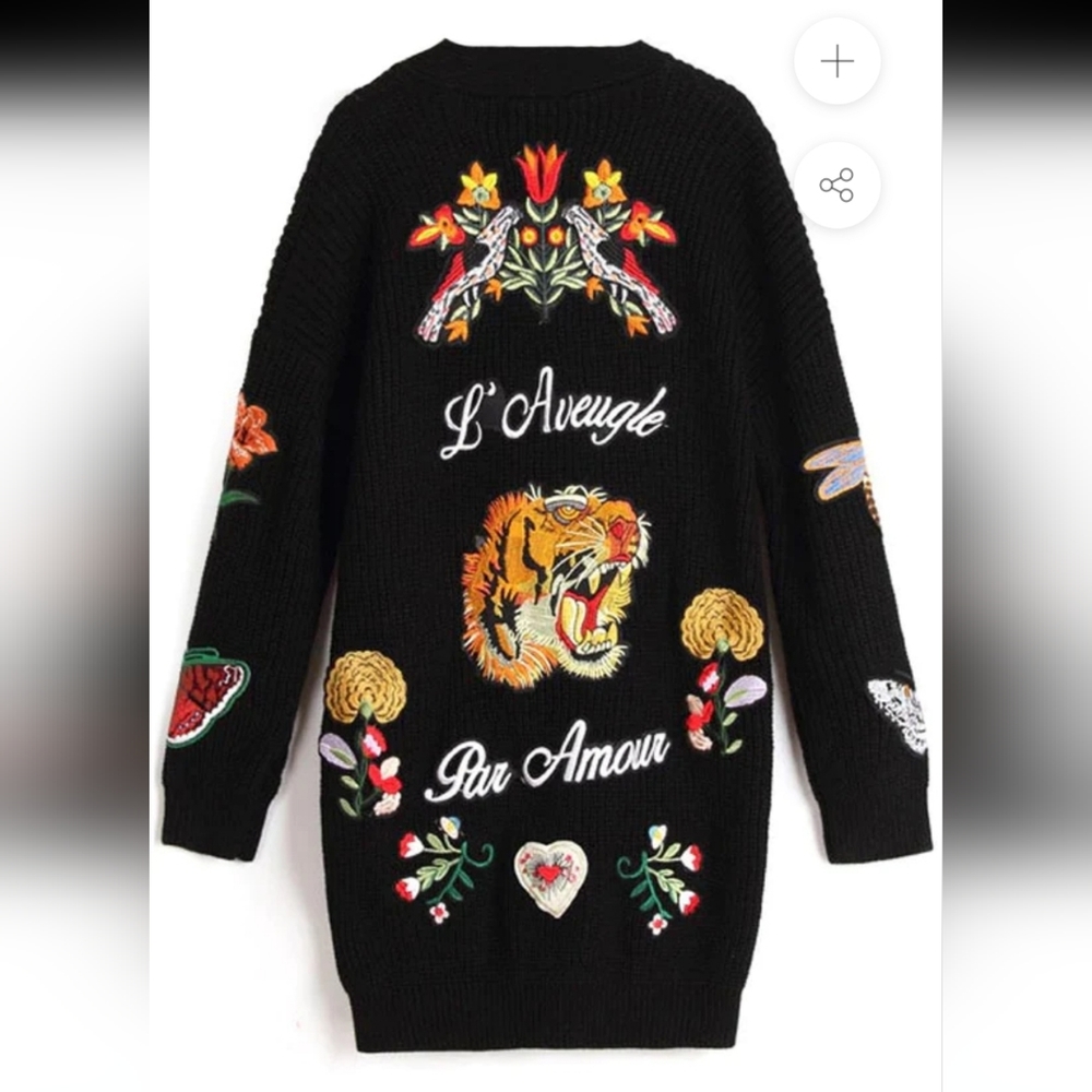 Oserjep Longline Embroidered Tiger Knit Patchwork AMAZING Cardi OS